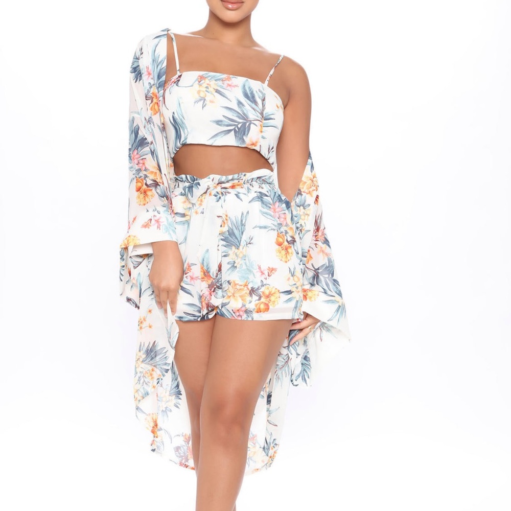 3 piece tropical short & kimono set
